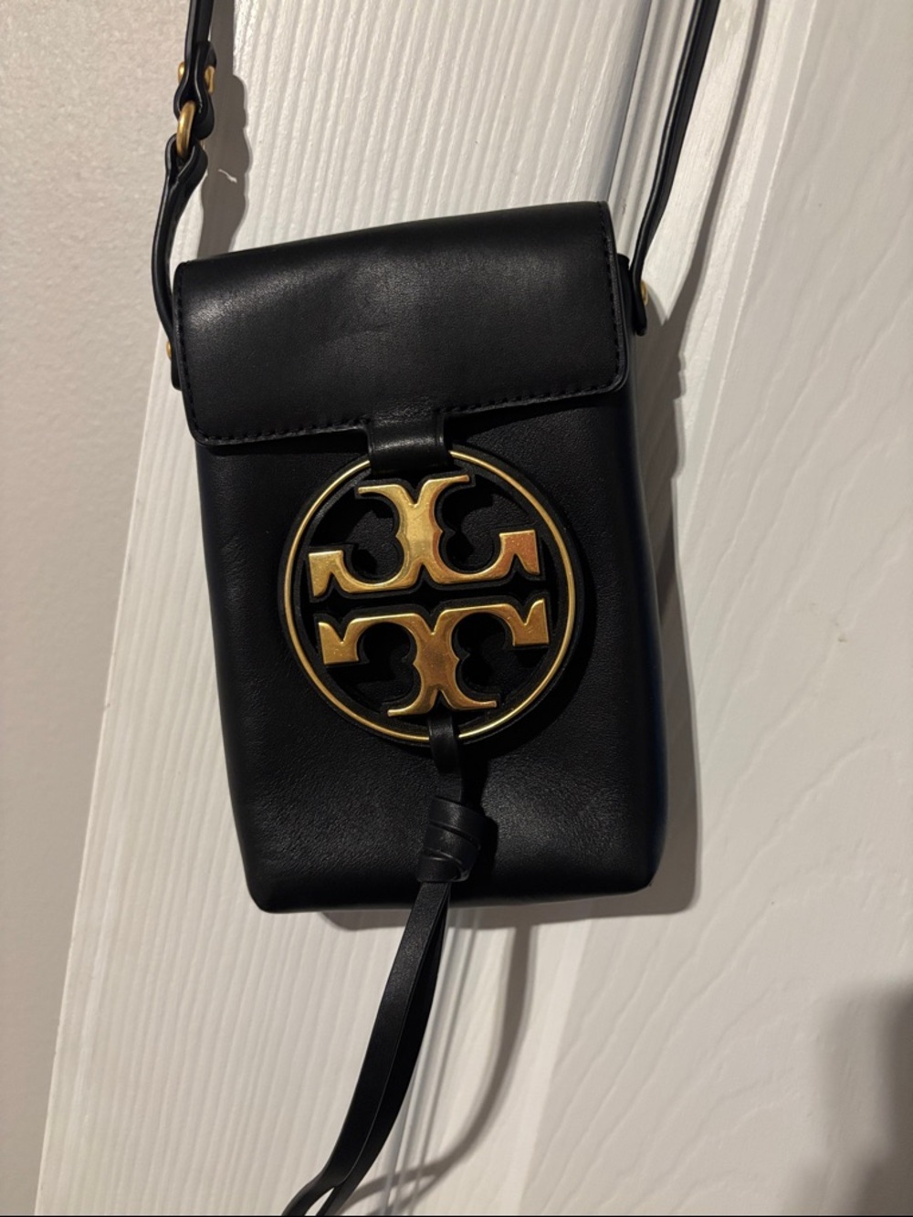 Tory Burch Black Leather Crossbody Phone Pouch with Gold Emblem